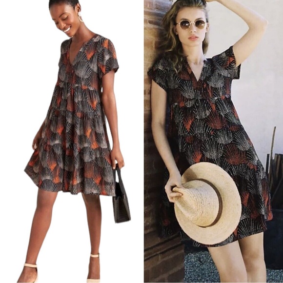 Anthropologie Maeve Tania Black Printed Tiered Rayon Tunic Dress - M - Picture 1 of 15